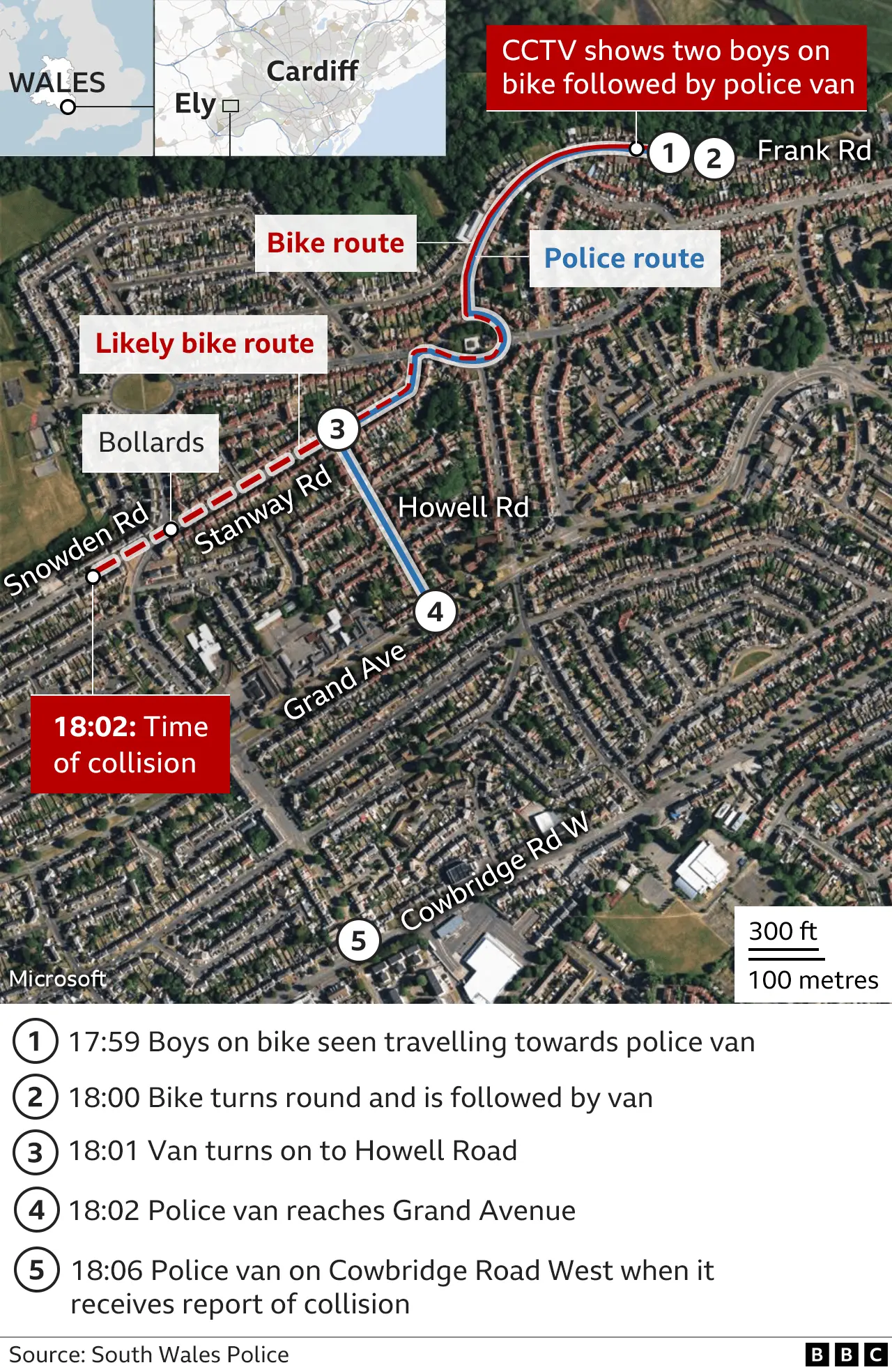 Map detailing the timeline of events