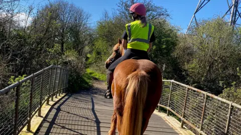 Liberty Starkie The horse, Jade, walking over a bridge being ridden by Ms Starkie