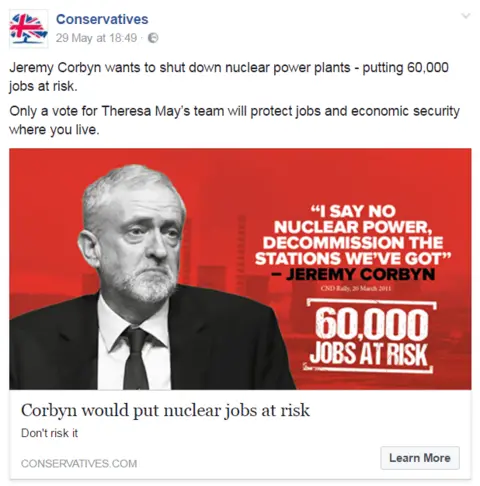 Facebook/Conservatives An example of a Conservative attack advert seen by a voter in Derby North, home to a significant nuclear industry