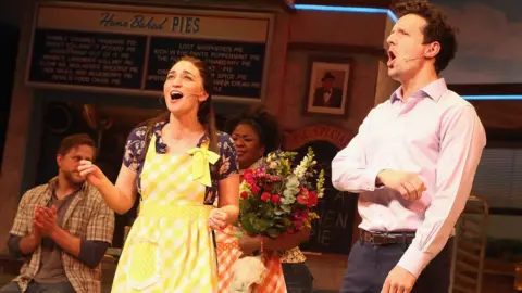 Getty Images Sara Bareilles and Jason Mraz in Waitress on Broadway in January 2018