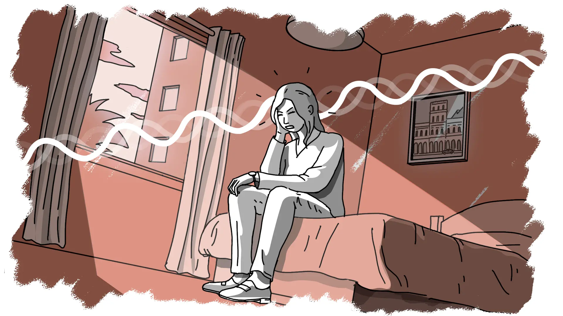 Ilustrație BBC cu o femeie într-o cameră de hotel care suferă de dureri în cap