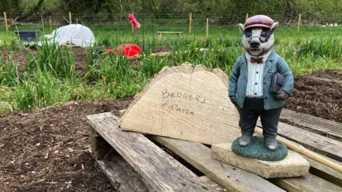 A badger statue next to a sign reading 'Badger's Patch'