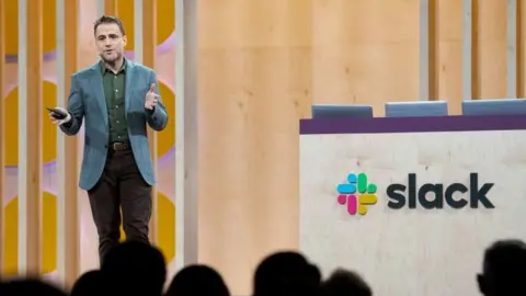 Getty Images Slack chief executive Stewart Butterfield speaks a conference on April 24, 2019, in San Francisco, California