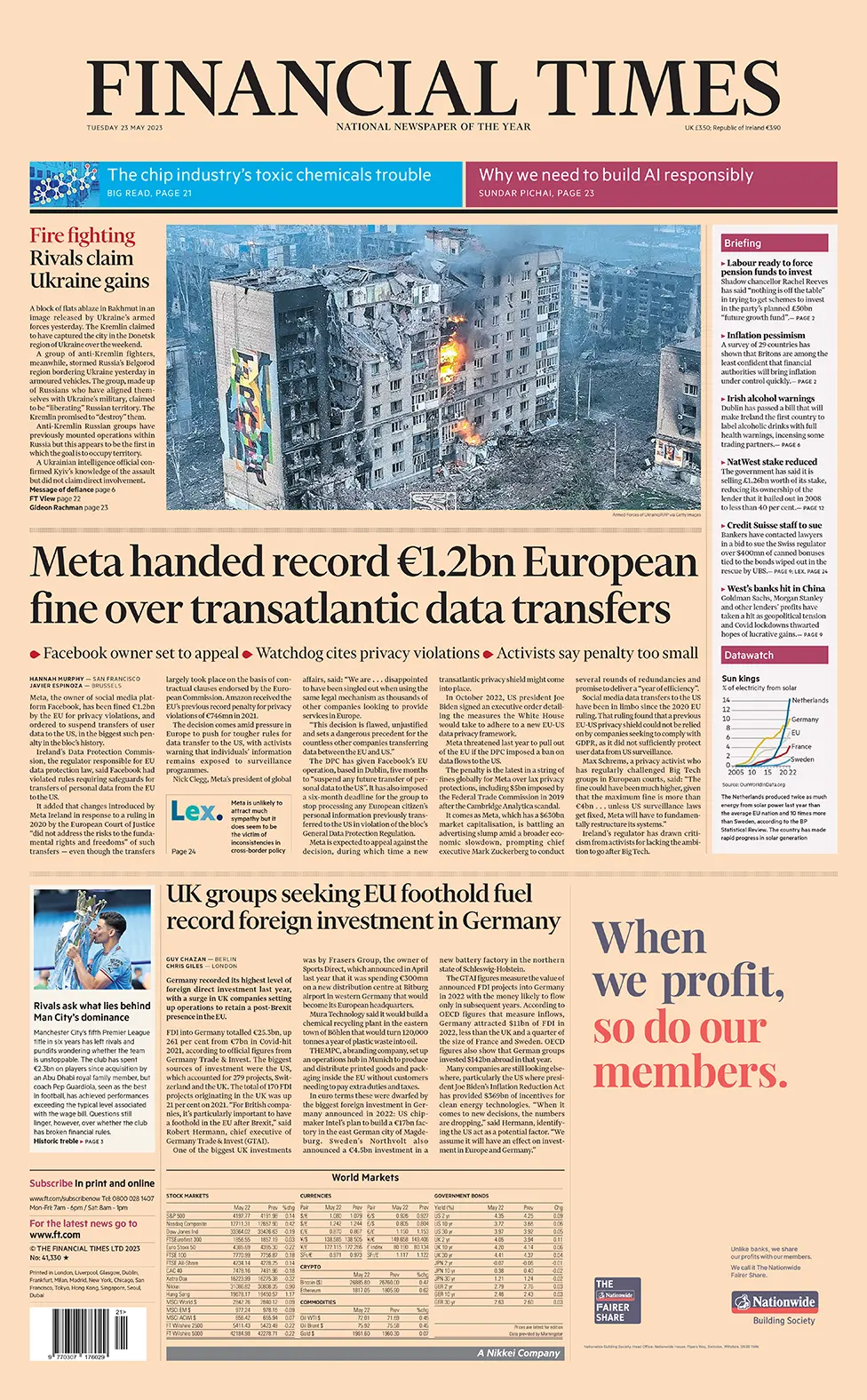 The headline in the Financial Times reads: "Meta handed record €1.2bn European fine over transatlantic data transfers"