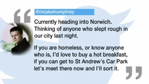 Jake Humphrey tweet from Jake Humphrey offering a hot breakfast