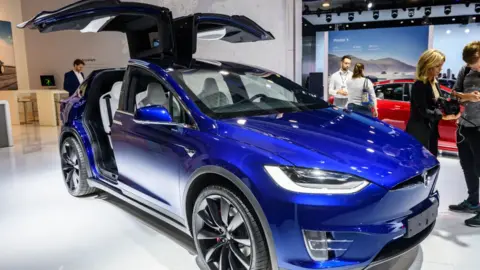 Getty Images Tesla Model X 90D full electric luxury crossover SUV car on display at Brussels Expo on January 9, 2020 in Brussels