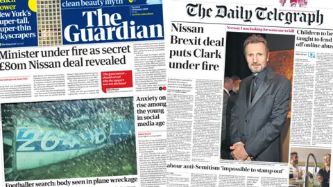 Composite image featuring Guardian and Telegraph front pages