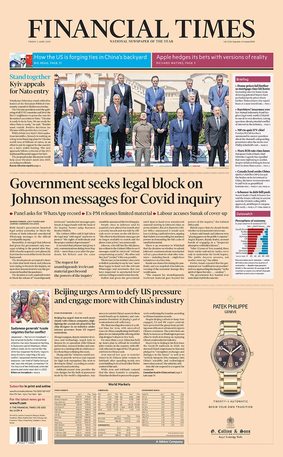 The headline in the Financial Times reads: "Government seeks legal block on Johnson messages for Covid inquiry"