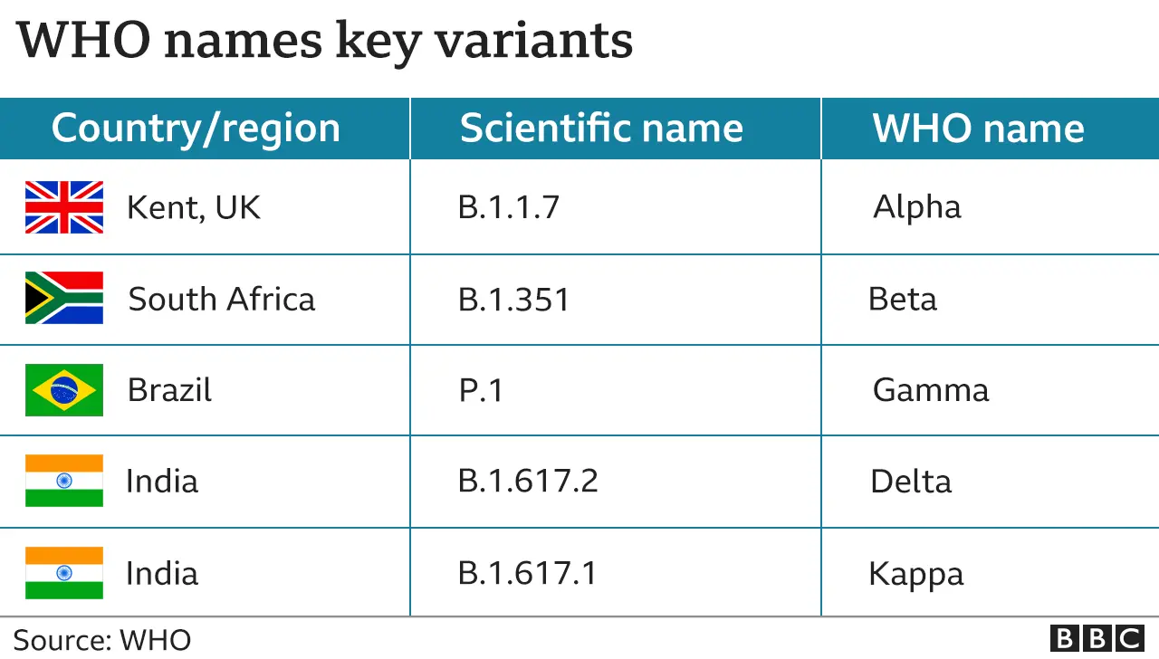 Graphic shows names of key variants, their country of origin and WHO Greek alphabet name