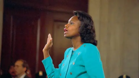 Getty Images Anita Hill is sworn-in before testifying at the Senate Judiciary hearing on the Clarence Thomas Supreme Court nomination.