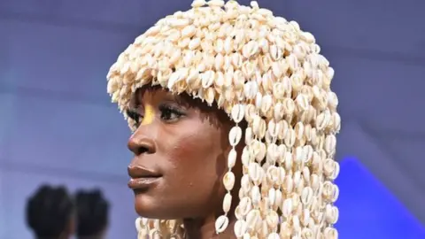 A model presents a creation from Ivorian stylist Lafalaise Dion.