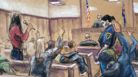Reuters Potential jurors raise their hands and explain why they can't serve on the jury of film producer's Harvey Weinstein sexual assault trial, 8 January 2020