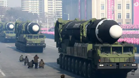 Getty Images Hwasong-15 ballistic missile during the military parade to mark the 70th anniversary of the Korean People's Army at Kim Il Sung Square in Pyongyang, 9 February 2018