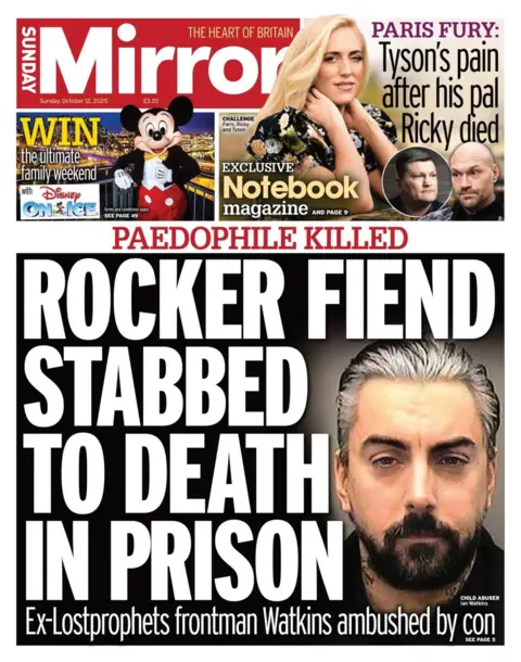 The headline on the front page the Daily Mirror reads: "Rocker fiend stabbed to death in prison."