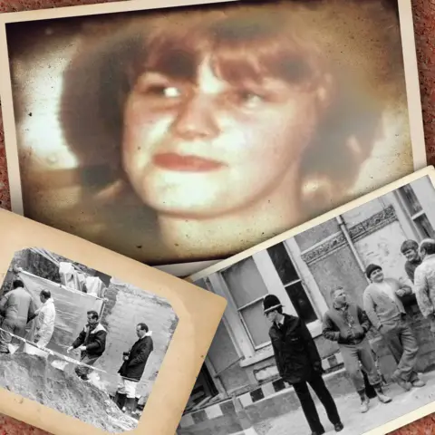 BBC Three overlapping archive photographs. The main image, at the top, is of Karen Price, she has mousy brown hair cut into a mullet with a full fringe. She looks to the left of the frame and has a slight smile. She wears a dark polo top. The bottom right black and white image shows a police officer in full uniform, taken in 1989, he stands outside the house on Fitzhamon Embankment alongside four workmen, who lean on a brick wall. The third black and white photo in the bottom left shows four police officers behind police tape in the garden where Karen Price's body was found, two on the left are in PPE overalls walking behind a plastic sheet cover, while the other two wear dark coats and walk behind them. A large pile of rubble and dirt is at the forefront of the image.