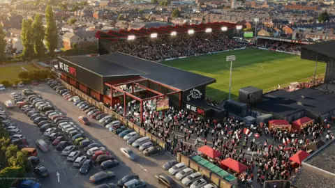 An artist's impression showing an aerial view of the football ground with the proposed fan village in the foreground, and supporters gathered outside the ground.