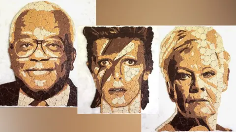 A composite photo showing all three portraits of Sir Trevor McDonald, David Bowie and Dame Judi Dench, made entirely of digestive biscuits 
