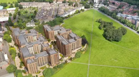 Artist's impression of how Newcastle University's new student accommodation in Spital Tongues will look. The CGI is pictured from above showing a tightly packed series of red brick high-rise blocks in a corner of open parkland. 
