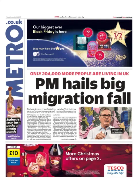 "Pm hails migration big loss: Only 204,000 more people live in the UK" Read the headline on the front page of the Metro.