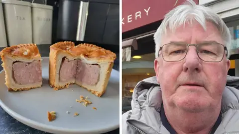 Supplied Two images. Left, a pork pie cut with a quarter cut out of it is on a white plate sat on a black kitchen counter. There are white tea, coffee and sugar jars in the background. Right, a man with white hair and glasses stands in front of a bakery. He is wearing a thick grey coat with a hood. The bakery has a striped rain cover and a large maroon sign.