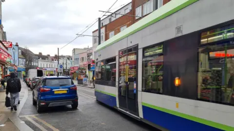 LDRS picture of a tram blocked in Croydon