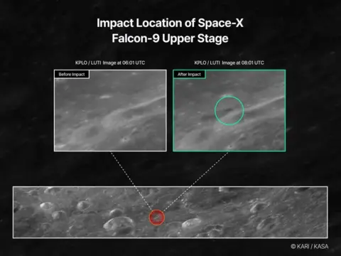 KASA/Reuters A composite of satellite images show the surface of the moon before and after the crash of the second stage of a SpaceX Falcon 9 rocket, which was launched from Firefly Aerospace towards the moon in January 2025, in this handout image released on August 6, 2026.