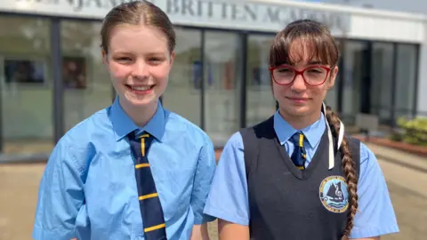 Jon Wright/BBC Two school pupils in blue shirts and ties.