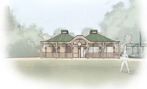 Tate+Co/Hurlingham Club CGI of a wooden building with sloped green roofs either side of a clock beyond a green outfield