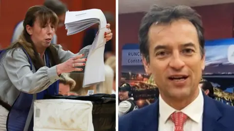 A split screen image, with ballots being counted by a woman and correspondent Damian Grammaticas reporting from the count