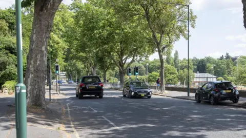 Gregory Boulevard and a tree-lined city street with cars and a pedestrian in view.