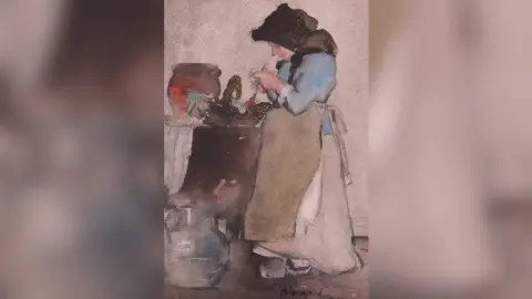 Edward Blampied - Peeling Potatoes / Dawsons Auctioneers A watercolour of a woman peeling potatoes. She is wearing a blue top, dark headscarf and beige apron. There is a basket and a pot on the table next to her. 