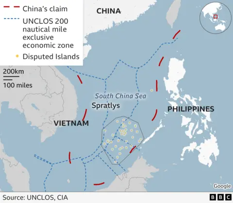 A map of the South China Sea, including China's so-called nine-dash line