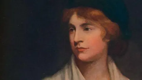 A painting of Mary Wollstonecraft with a black background. She is looking to her right and wearing a hat over ginger hair, and a white shirt.