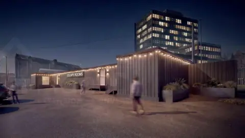 LDRS/Time Trapped An artist's impression of the escape rooms. Wooden-cladded buildings with fairy lights along the top