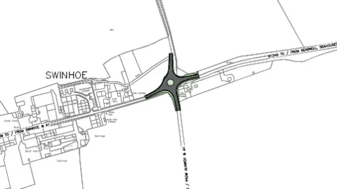 Northumberland County Council A drawing of a new junction at Swinhoe with a new roundabout marked in bold