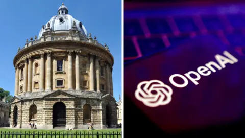 A composite image. On the left is the Radcliffe camera in Oxford, on the right is a phone saying 'OpenAI' that is resting on a laptop keyboard.