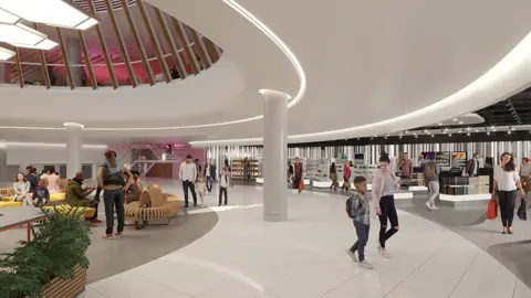 Computer-generated design images of how the revamped Terminal 3 at Manchester Airport would look with more seating and retail units.