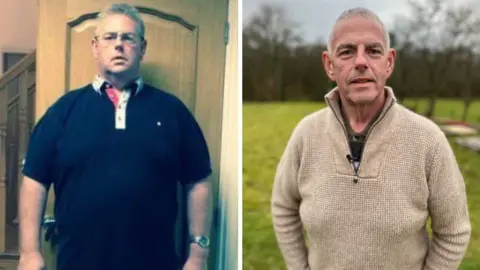 Paul Chesworth Two pictures of Paul Chesworth. On the left he is overweight, wearing a dark blue polo shirt and standing in front of a wooden door. On the right, he has lost weight and is standing in a garden wearing a beige fleece.