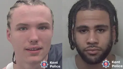 Kent Police Police mugshot of two men - one with braided hair and the other with dreadlocks and a beard. 