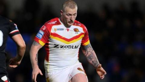 Jordan Abdull of Catalans Dragons kicks during the Super League match between London Broncos and Catalans Dragons