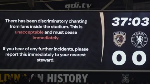A message is shown at Hull City's stadium calling for discriminatory chanting to stop