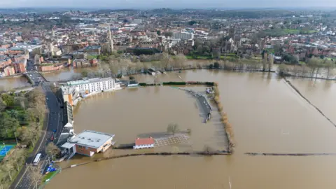 New Road cricket ground home to Worcestershire County Cricket Club which was flooded in Worcester on 9 February 2026.