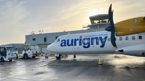 A proper ATR aircraft at Guernsey Airport. It has Aurigny branding on it