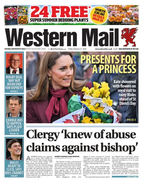 Western Mail Front page of Western Mail. Main headline: Clergy 'knew of abuse claims against bishop'. Another headline reads 'presents for a princess' with a photo of princess Kate holding a bouquet of daffodils and small welsh flags.
