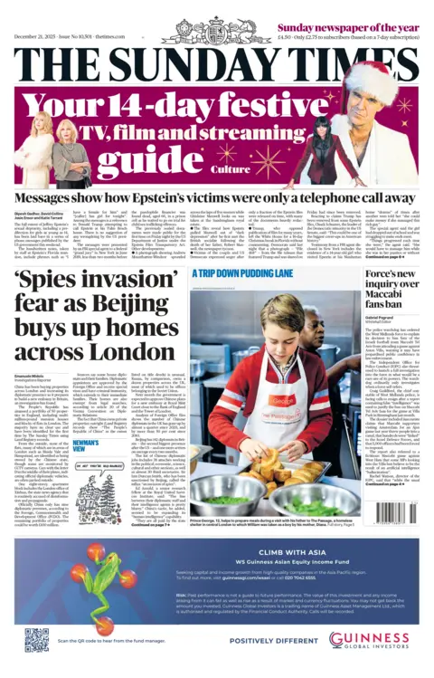 "'Spies invasion' fear as Beijing buys up homes across London" reads the headline on the front page of the Sunday Times.