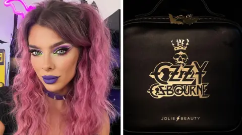 Jolie Beauty A woman with pink hair wears striking make-up including purple lipstick is pictured next to a black leather make-up bag bearing the name Ozzyy Osbourne in gold lettering