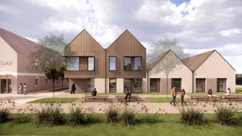 Urban&Civic An artist's impression shows a modern two-storey medical centre with a pitched roof and bronze-toned cladding at the centre of a landscaped courtyard. It is flanked by lower brick buildings, with benches and paved walkways in the foreground. Several people are seated or walking through the outdoor space, which is surrounded by grass, shrubs, and young trees under a cloudy sky.