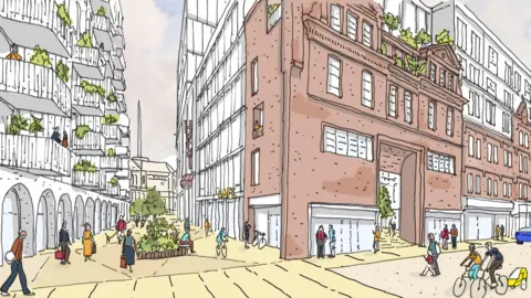 An artistic impression of development plans for part of Belfast city centre formerly known as the Tribeca project. The drawing shows a mix of red brick and glass buildings, and a large residential building with balconies. There are depictions of pedestrians and cyclists in the foreground and the spire of a cathedral is in the background. 