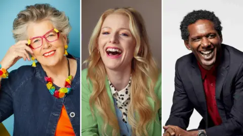 A composite of three images: Prue Leith - an older woman with colourful jewellery, Hannah Spencer - a younger woman with long blonde hair - and Lemn Sissay, a man with short afro hair wearing a dark suit