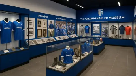 Artist's impression of a new Gillingham museum set to open at the stadium in the 2027/2028 season, with glass cases full of shirts, black and white photos, and memoribilia